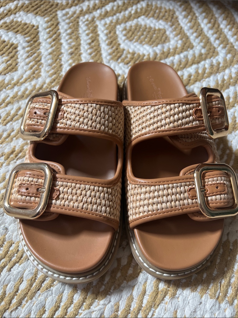 Women’s Tan Woven Double-Buckle Slide Sandals